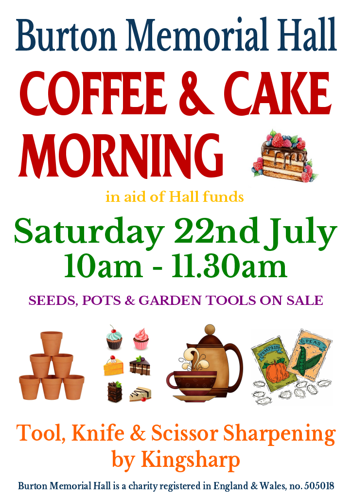 POSTER Coffee Morning Sat 22 July 2023 at Burton Memorial Hall, LA6 1NA