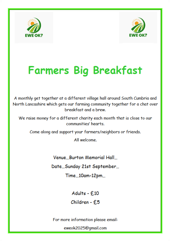 FARMERS BIG BREAKFAST SUN 21ST SEP 2025 at Burton Memorial Hall