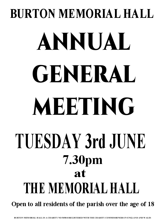 Burton Memorial Hall Annual General Meeting notice Tuesday 3rd June 2025
