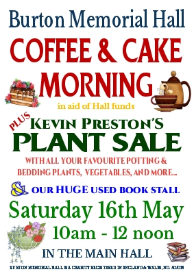 Coffee and cake morning Sat 16th May, 2026 at Burton Memorial Hall