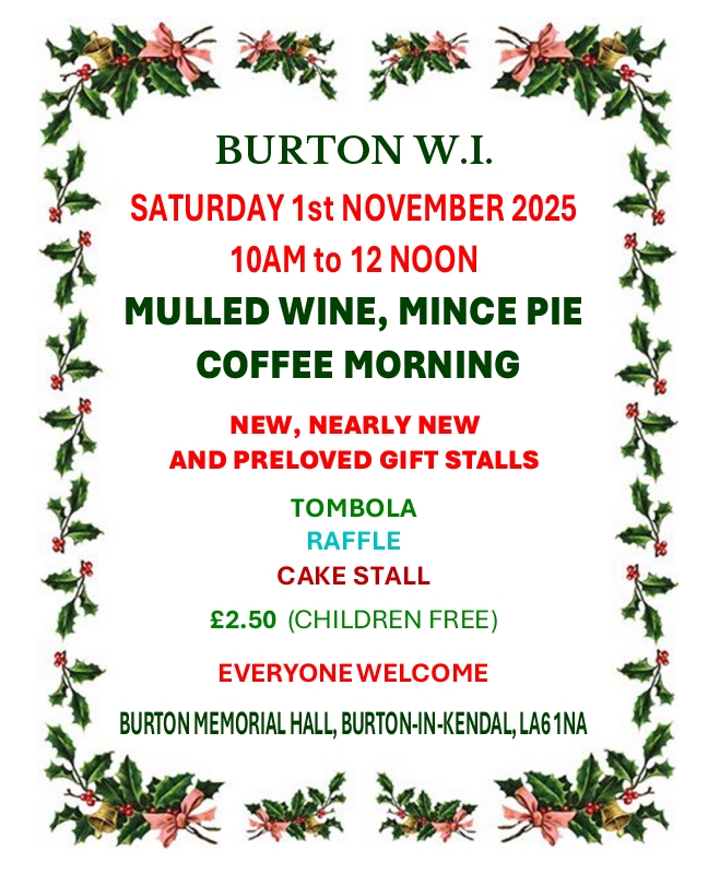 Burton W.I. mulled wine mince pie coffee morning Sat 1st Dec 2025