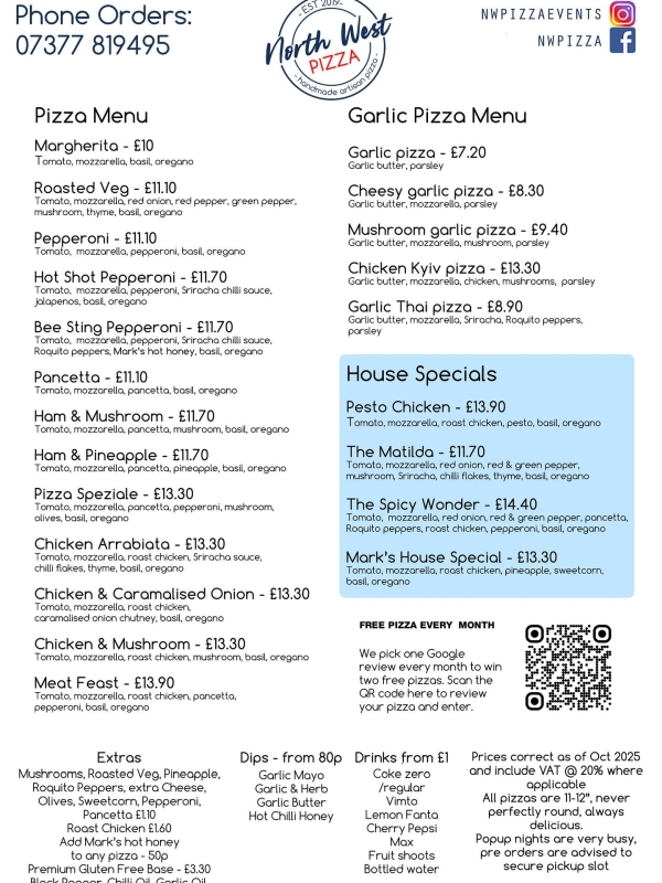 Advert for North West Pizza with their new menu, October 2025