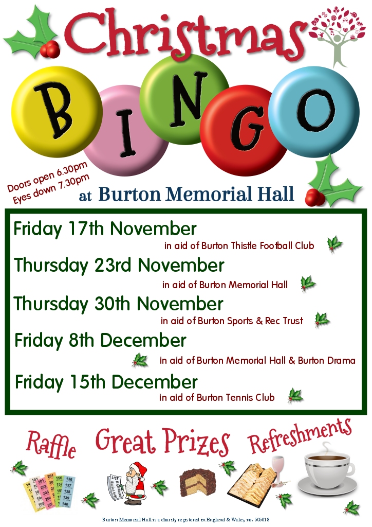 Christmas Bingo 2023 dates at Burton Memorial Hall