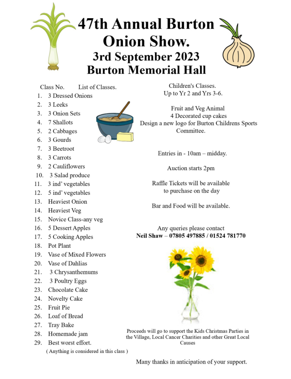 Poster and list of class entries for the Burton in Kendal Annual Onion Show at Burton Memorial Hall on Sunday 3rd September 2023