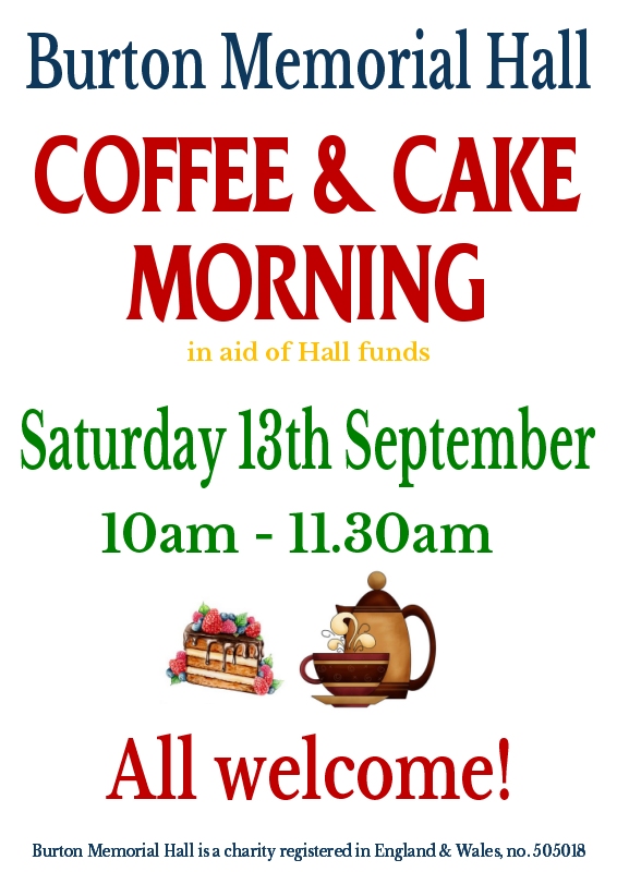 Mid-monthly coffee & cake morning at Burton Memorial Hall, Sat 13th Sep 2025, 10am-11.30am
