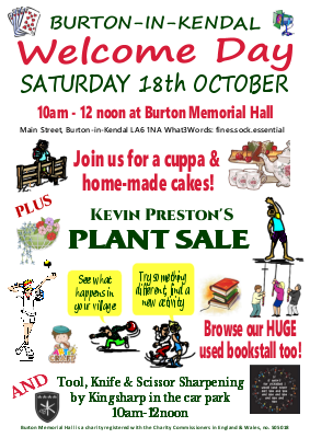 Welcome to the Village Day Sat 18th Oct at Burton Memorial Hall 10am-12noon.