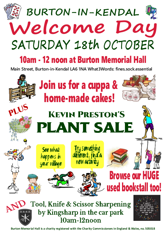 Welcome to the Village Day Sat 18th Oct at Burton Memorial Hall 10am-12noon.