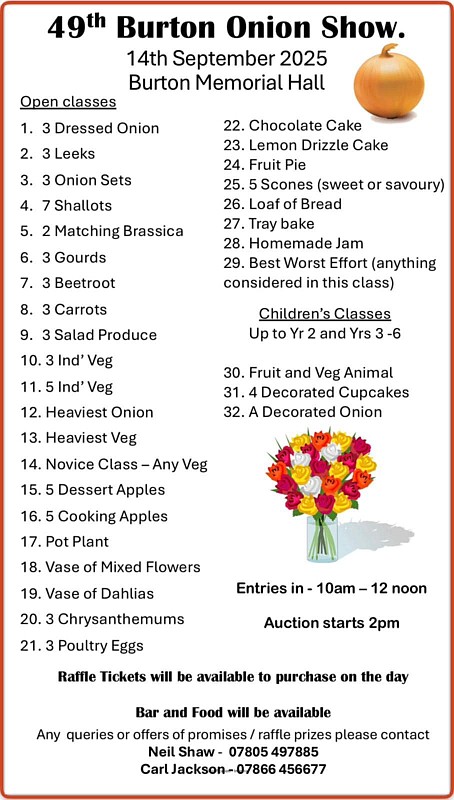 49th Burton Annual Onion Show at Burton Memorial Hall Sun 14th Sep 2025