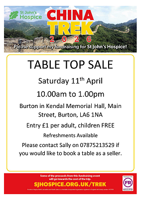 Table top sale at Burton Memorial Hall Sat 11th April 2026