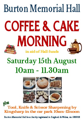 Coffee & cake morning Sat 15th Aug 2026 at Burton Memorial Hall, LA6 1NA