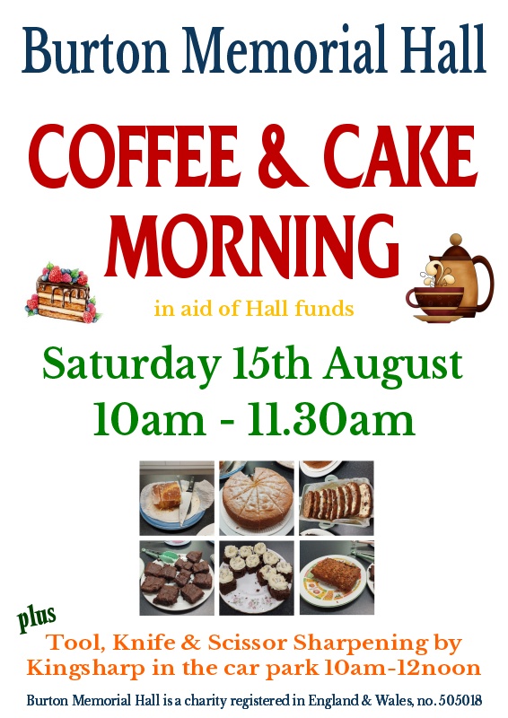 Coffee & cake morning Sat 15th Aug 2026 at Burton Memorial Hall, LA6 1NA