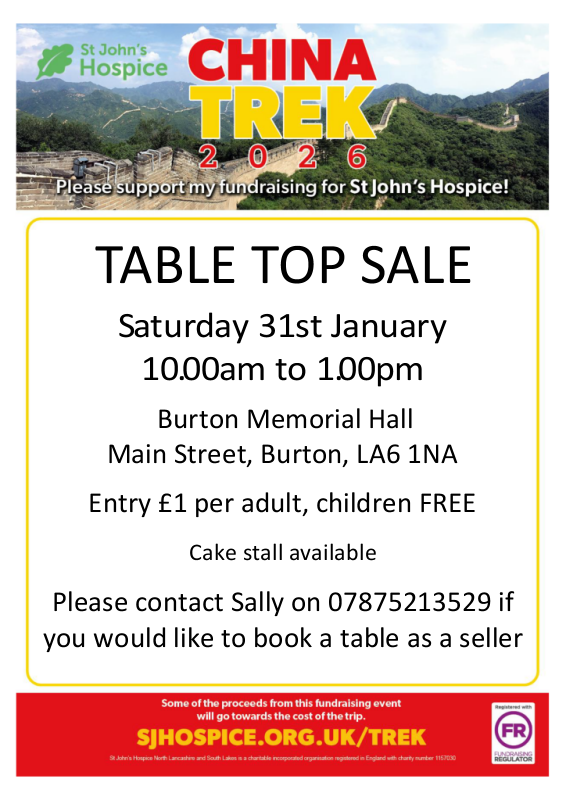 Table top sale for St John's Hospice Sat 31st Jan 2026