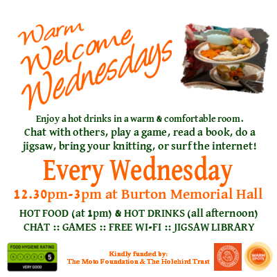 Warm Welcome Wednesday at Burton Memorial Hall 12:30-3pm