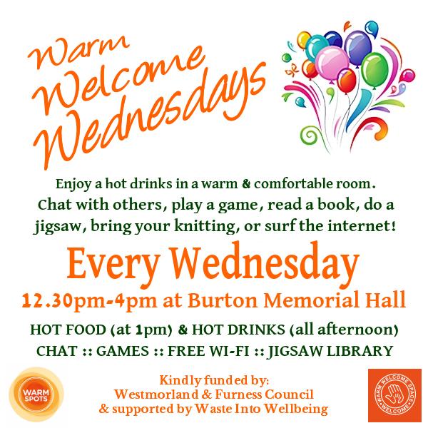 Warm Welcome Wednesdays at Burton Memorial Hall, weekly 12.30pm-4pm